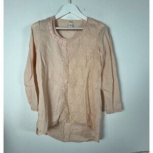 Sundance Womens Beige Linen Lace Tunic Top Small Long Sleeve Hi-Low Casual Boho